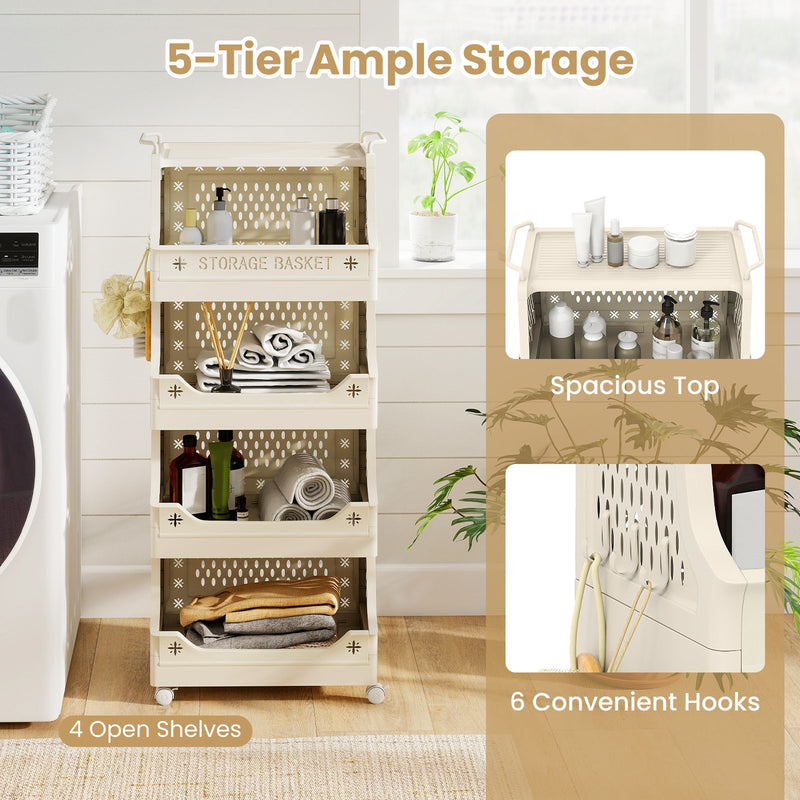 5-Tier Rolling Laundry Basket with Wheels Plastic Storage Cart with Side Hooks