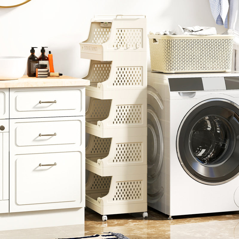 6-Tier Rolling Laundry Basket with Wheels Plastic Storage Cart with Side Hooks
