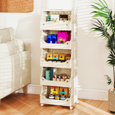 6-Tier Rolling Laundry Basket with Wheels Plastic Storage Cart with Side Hooks