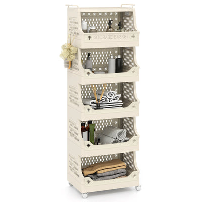 6-Tier Rolling Laundry Basket with Wheels Plastic Storage Cart with Side Hooks