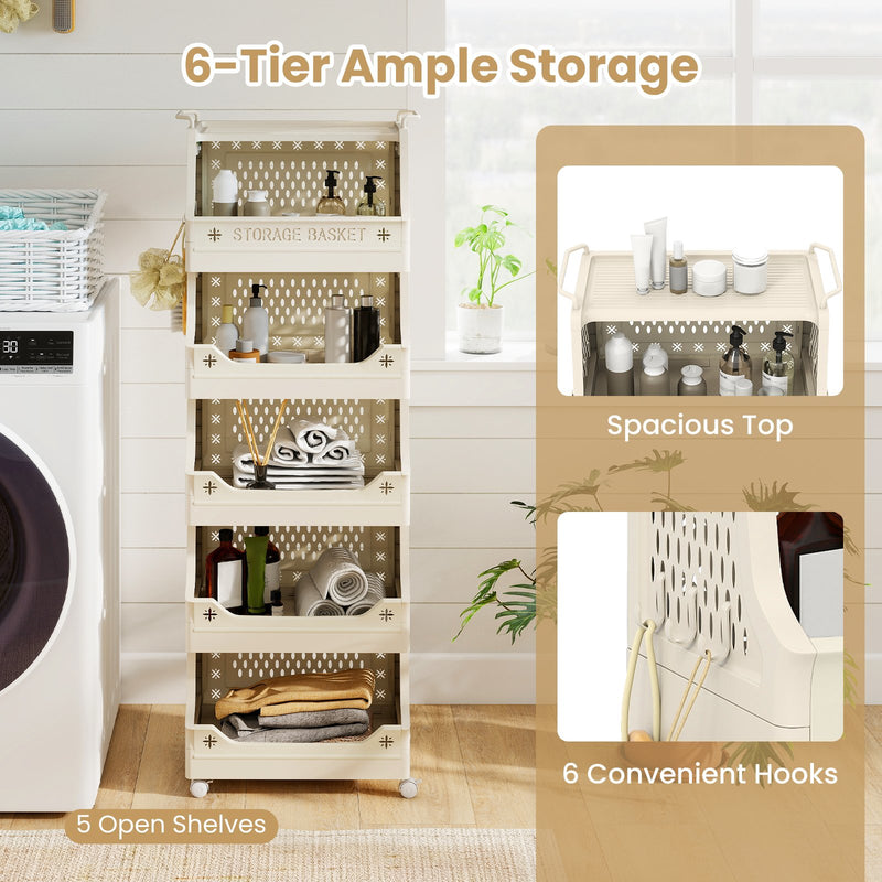 6-Tier Rolling Laundry Basket with Wheels Plastic Storage Cart with Side Hooks