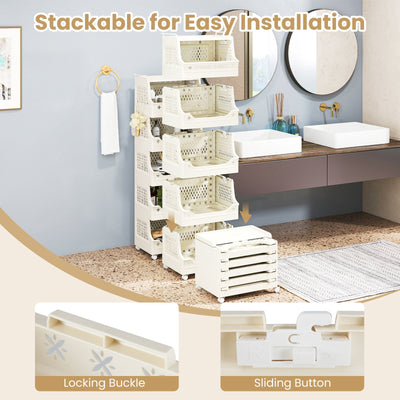 6-Tier Rolling Laundry Basket with Wheels Plastic Storage Cart with Side Hooks