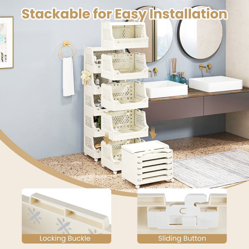 6-Tier Rolling Laundry Basket with Wheels Plastic Storage Cart with Side Hooks