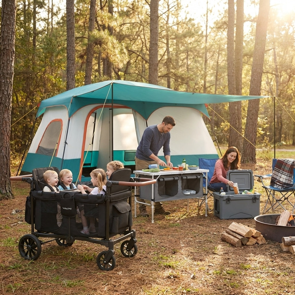 Compact Camping Set 4-in-1 Family Camping Gear Set: Wagon Camping Table Cooler and Camping