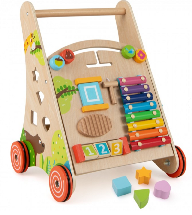 Wooden Push and Pull Baby Walker with Handle and Storage