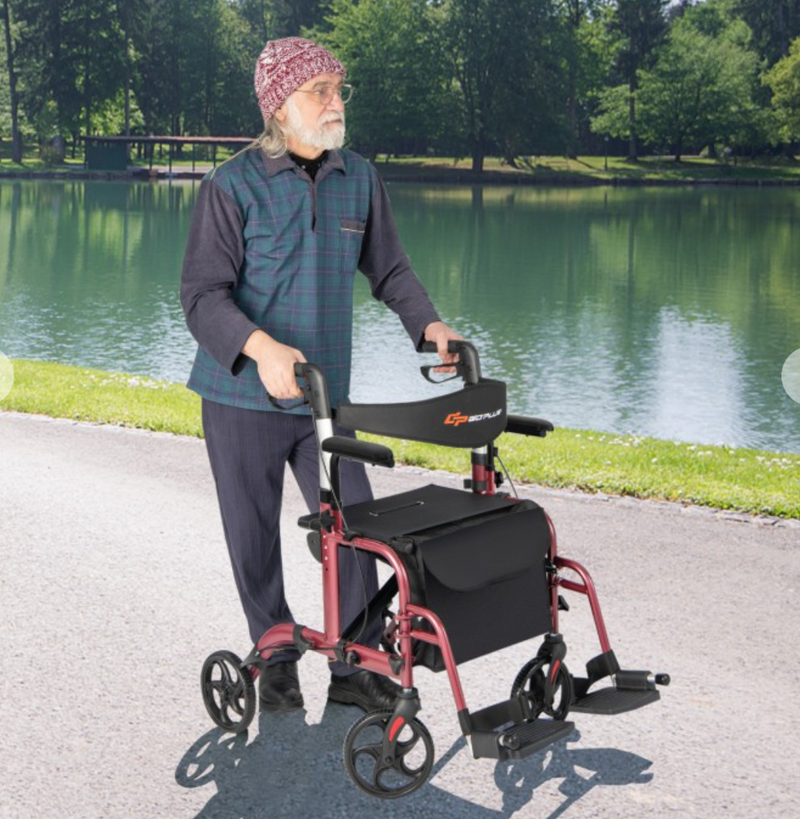 *2-in-1 Folding Rollator Walker with Adjustable Handles and Reversible Backrest - Red
