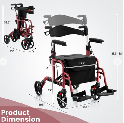 *2-in-1 Folding Rollator Walker with Adjustable Handles and Reversible Backrest - Red