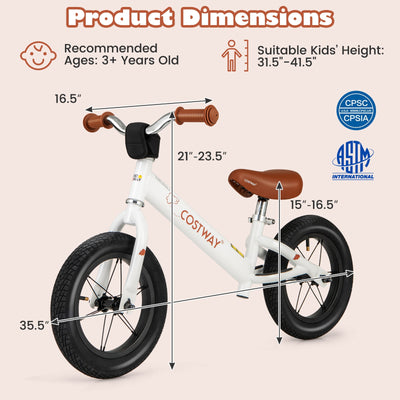 *12 Inch Toddler Balance Bike with Height Adjustable Handlebar and Seat - White