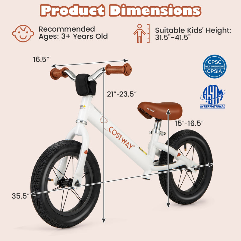 *12 Inch Toddler Balance Bike with Height Adjustable Handlebar and Seat - White