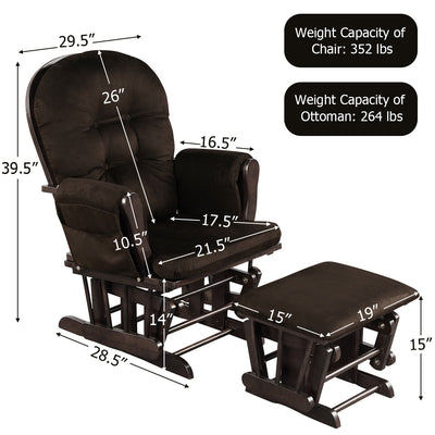 *Wood Glider and Ottoman Set with Padded Armrests and Detachable Cushion - Brown