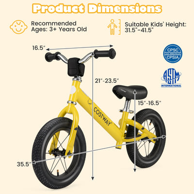 *12 Inch Toddler Balance Bike with Height Adjustable Handlebar and Seat - Yellow