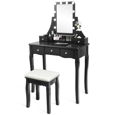 10 Dimmable Light Bulbs Vanity Dressing Table with 2 Dividers and Cushioned Stool-Black - Relaxacare