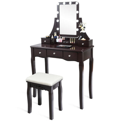 10 Dimmable Light Bulbs Vanity Dressing Table with 2 Dividers and Cushioned Stool-Coffee - Relaxacare