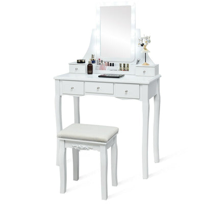10 Dimmable Light Bulbs Vanity Dressing Table with 2 Dividers and Cushioned Stool-White - Relaxacare