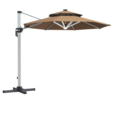 10 Feet 360° Rotation Aluminum Solar LED Patio Cantilever Umbrella without Weight Base-Tan - Relaxacare