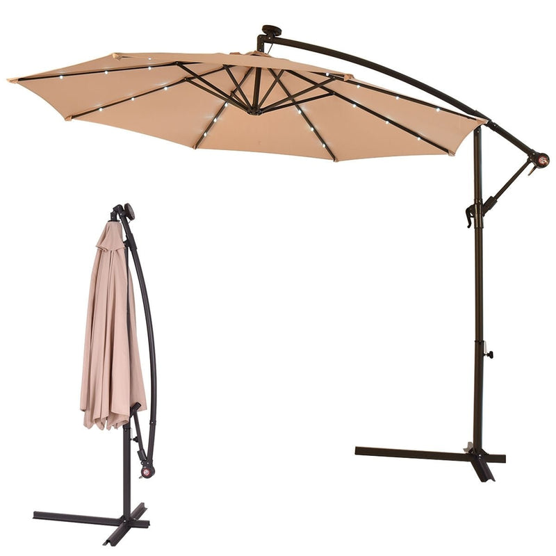 10 Feet Patio Hanging Solar LED Umbrella Sun Shade with Cross Base-Beige - Relaxacare
