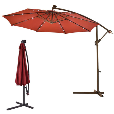 10 Feet Patio Hanging Solar LED Umbrella Sun Shade with Cross Base-Burgundy - Relaxacare