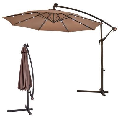 10 Feet Patio Hanging Solar LED Umbrella Sun Shade with Cross Base-Tan - Relaxacare