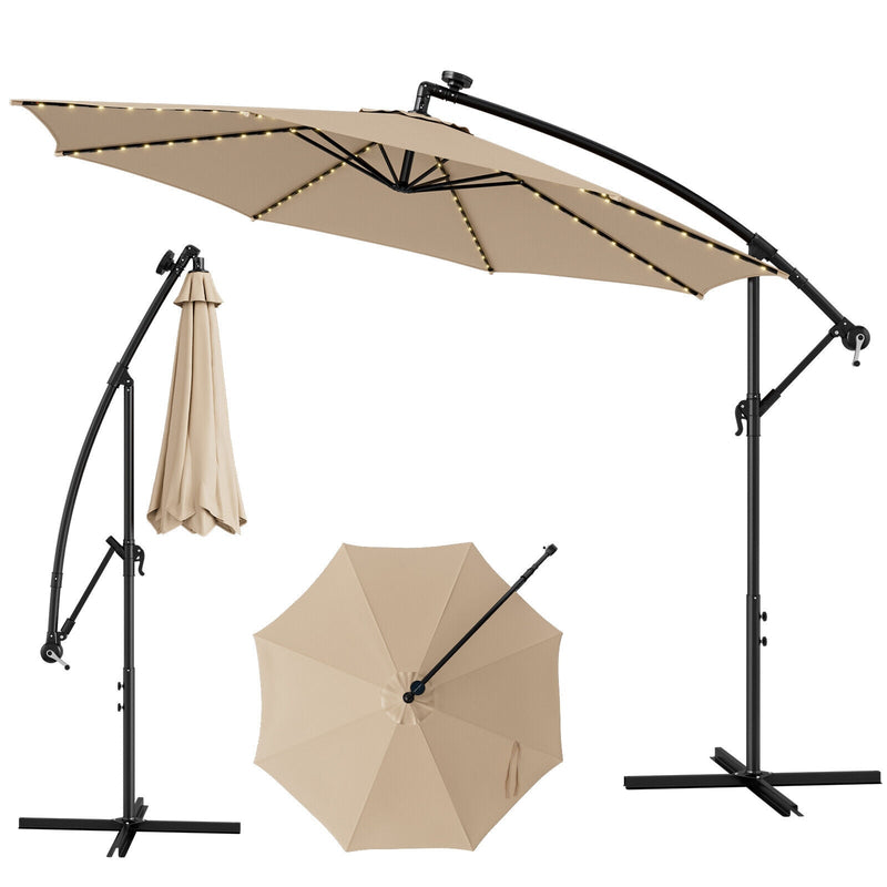 10 Feet Patio Offset Umbrella with 112 Solar-Powered LED Lights-Beige - Relaxacare