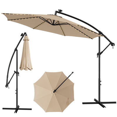 10 Feet Patio Offset Umbrella with 112 Solar-Powered LED Lights-Beige-Beige - Relaxacare