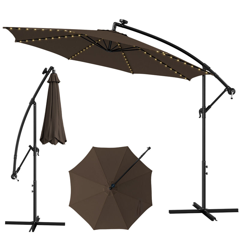 10 Feet Patio Offset Umbrella with 112 Solar-Powered LED Lights-Beige-Coffee - Relaxacare