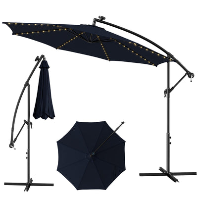 10 Feet Patio Offset Umbrella with 112 Solar-Powered LED Lights-Beige-Navy - Relaxacare