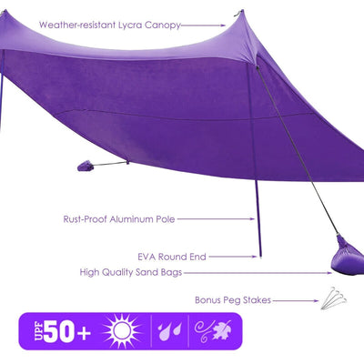10 Foot Ride 9 Foot Family Beach Tent Canopy Sunshade with 4 Poles-Purple - Relaxacare