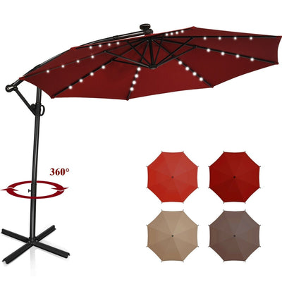 10 ft 360° Rotation Solar Powered LED Patio Offset Umbrella without Weight Base-Burgundy - Relaxacare