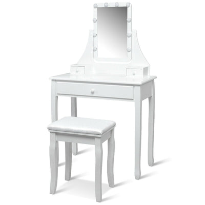 10 LED Lighted Rotating Mirror and 3 Drawers Vanity Table Set with Cushioned Stool - Relaxacare