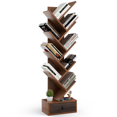 10-Tier Tree Bookshelf with Drawer and Anti-Tipping Kit-Brown - Relaxacare
