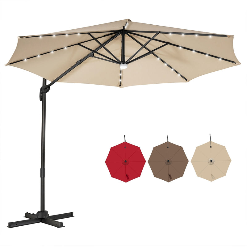 10FT Cantilever Solar Umbrella 28LED Lighted Patio Offset Tilt 360° for Outdoor-Beige - Relaxacare