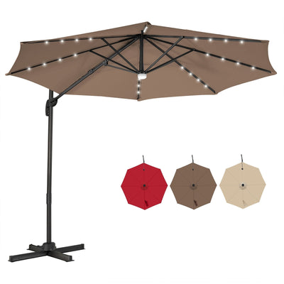 10FT Cantilever Solar Umbrella 28LED Lighted Patio Offset Tilt 360° for Outdoor-Coffee - Relaxacare