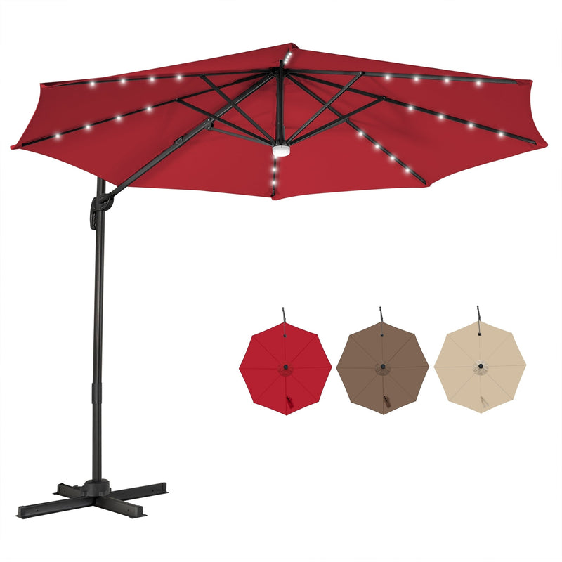 10FT Cantilever Solar Umbrella 28LED Lighted Patio Offset Tilt 360° for Outdoor-Red - Relaxacare
