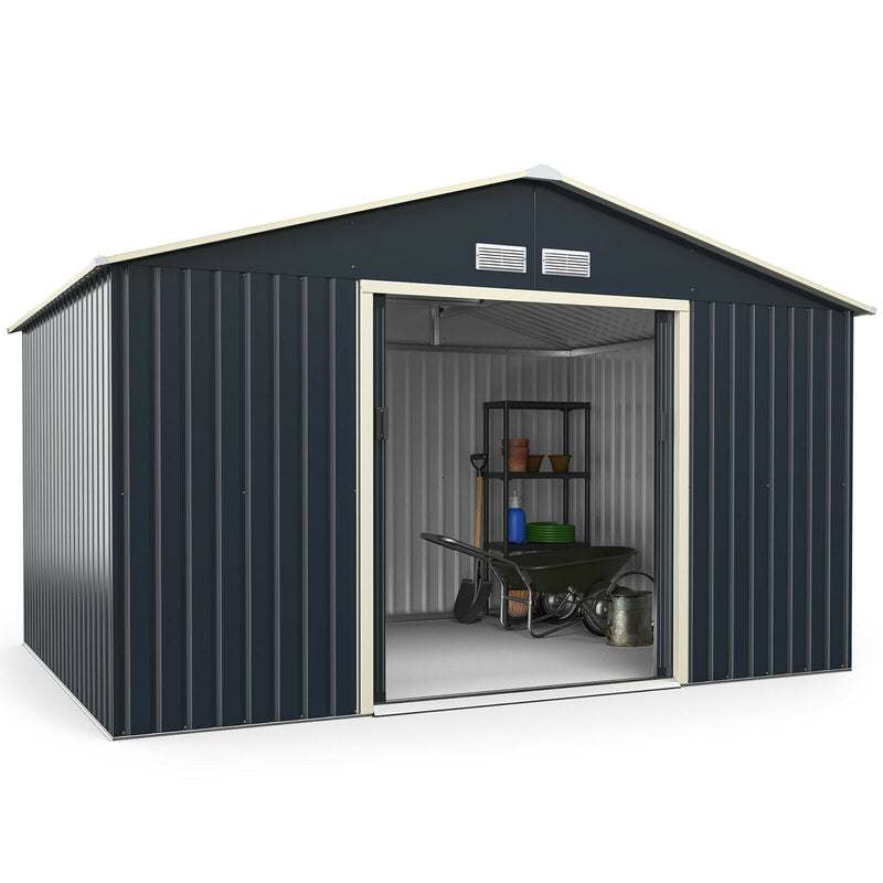 11 x 8 Feet Metal Storage Shed for Garden and Tools with 2 Lockable Sliding Doors - Relaxacare