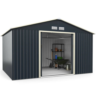 11 x 8 Feet Metal Storage Shed for Garden and Tools with 2 Lockable Sliding Doors-Gray - Relaxacare