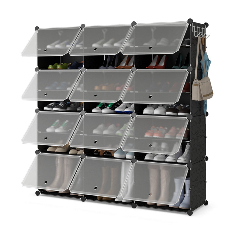 12-Cube 48 Pairs Portable Shoe Shelves with Hook-Black - Relaxacare