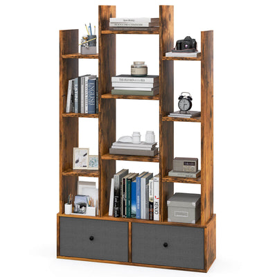 12-Tier Open-Back Freestanding Bookshelf with Drawer-Rustic Brown - Relaxacare