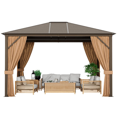 12 x10 Feet Outdoor Hardtop Gazebo with Galvanized Steel Top and Netting-Brown - Relaxacare