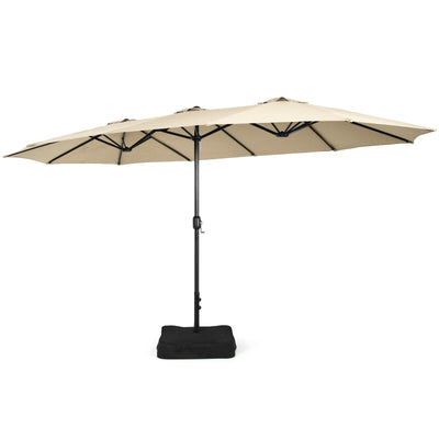 15 Feet Double-Sided Twin Patio Umbrella with Crank and Base Coffee in Outdoor Market-Beige - Relaxacare