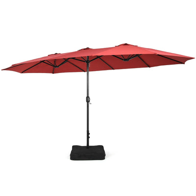15 Feet Double-Sided Twin Patio Umbrella with Crank and Base Coffee in Outdoor Market-Wine - Relaxacare
