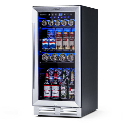 15 Inch 100 Can Built-in Freestanding Beverage Cooler Refrigerator with Adjustable Temperature and Shelf - Relaxacare