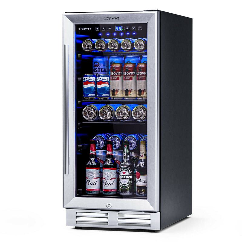 15 Inch 100 Can Built-in Freestanding Beverage Cooler Refrigerator with Adjustable Temperature and Shelf - Relaxacare