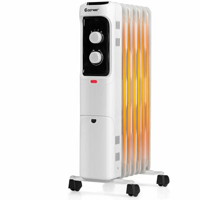 1500W Oil Filled Portable Radiator Space Heater with Adjustable Thermostat-White - Relaxacare