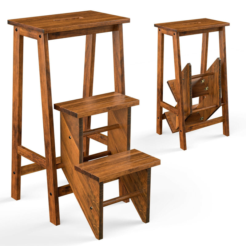 *3-in-1 Rubber Wood 3 Tier Folding Step Stool Ladder Storage Shelf - Coffee