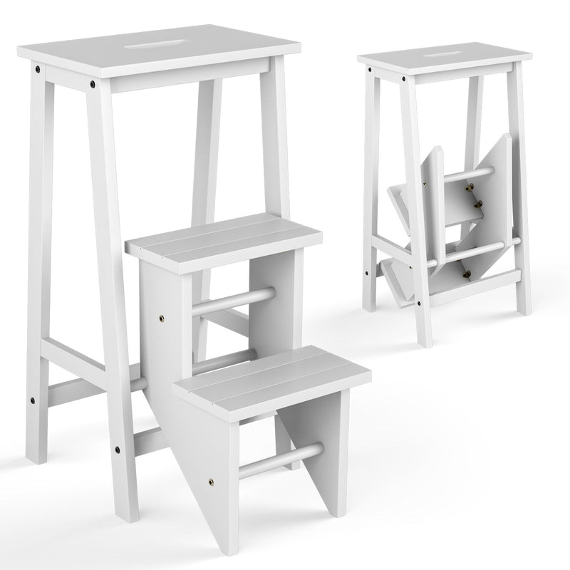 *3-in-1 Rubber Wood 3 Tier Folding Step Stool Ladder Storage Shelf - White