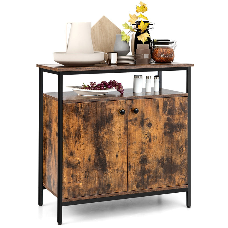 2-Door Buffet Cabinet with Shelves and Cable Management Holes-Rustic Brown - Relaxacare