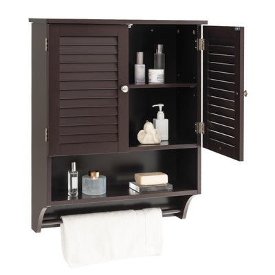 2-Doors Bathroom Wall-Mounted Medicine Cabinet with Towel Bar-Brown - Relaxacare