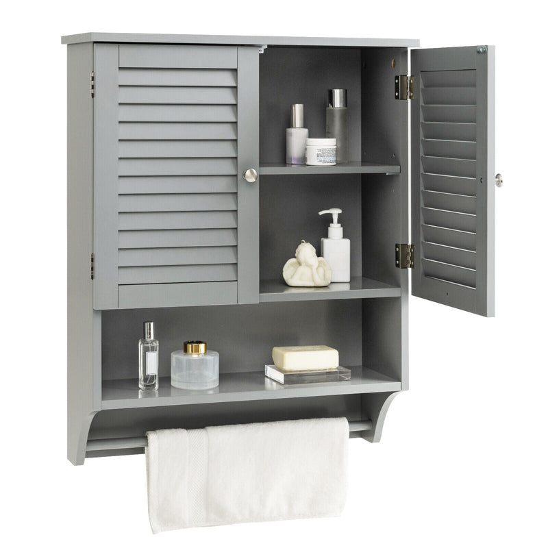 2-Doors Bathroom Wall-Mounted Medicine Cabinet with Towel Bar-Gray - Relaxacare
