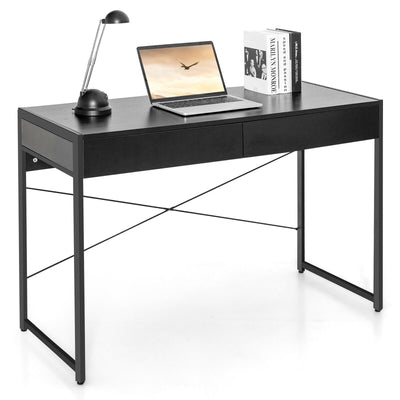 2-Drawer Home Office Desk with Steel Frame-Black - Relaxacare