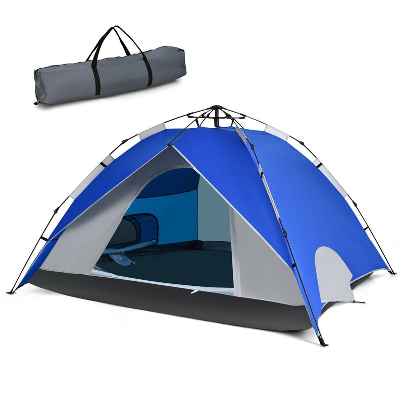 2-in-1 4 Person Instant Pop-up Waterproof Camping Tent-Blue - Relaxacare